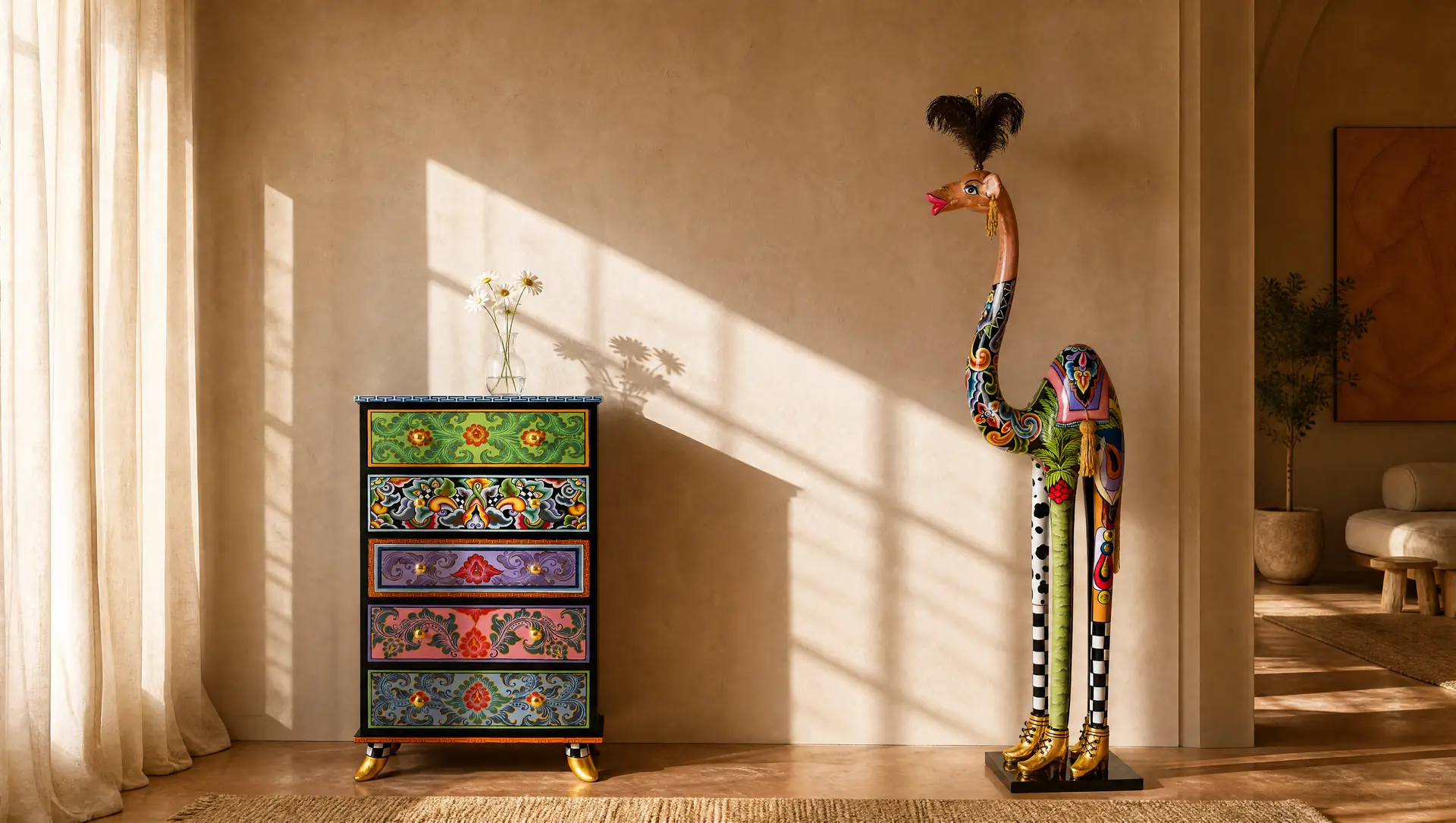 Camel Laila beside a hand-painted chest of drawers in a warm interior
