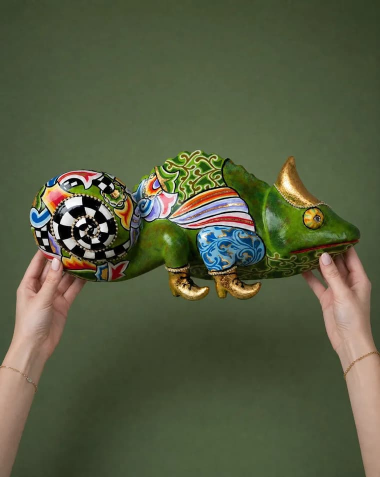 Golden boots on a hand-painted Tom's chameleon