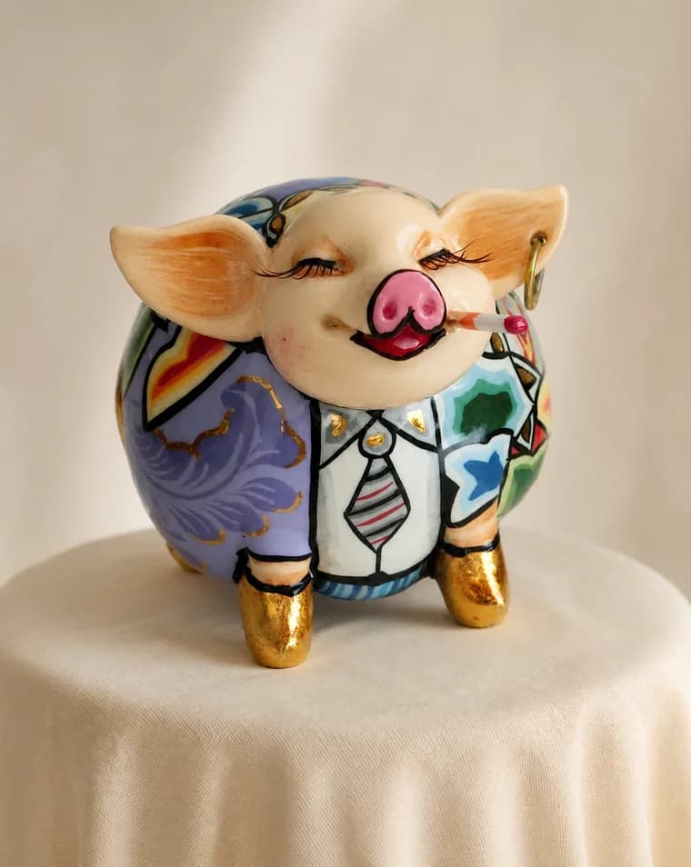 Painted eyelashes on a hand-painted Tom's pig sculpture