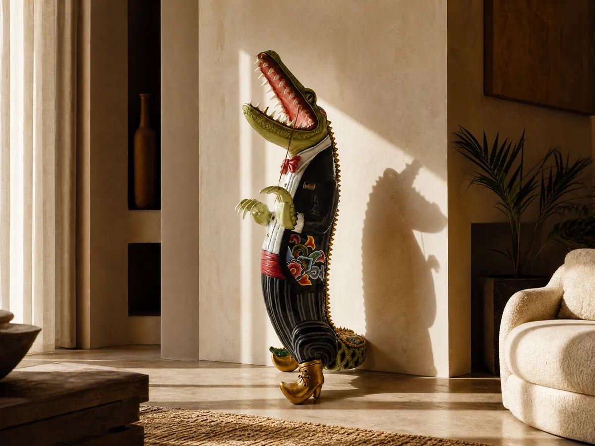 Alligator Leonard, a tall hand-painted Tom's figure in a living room