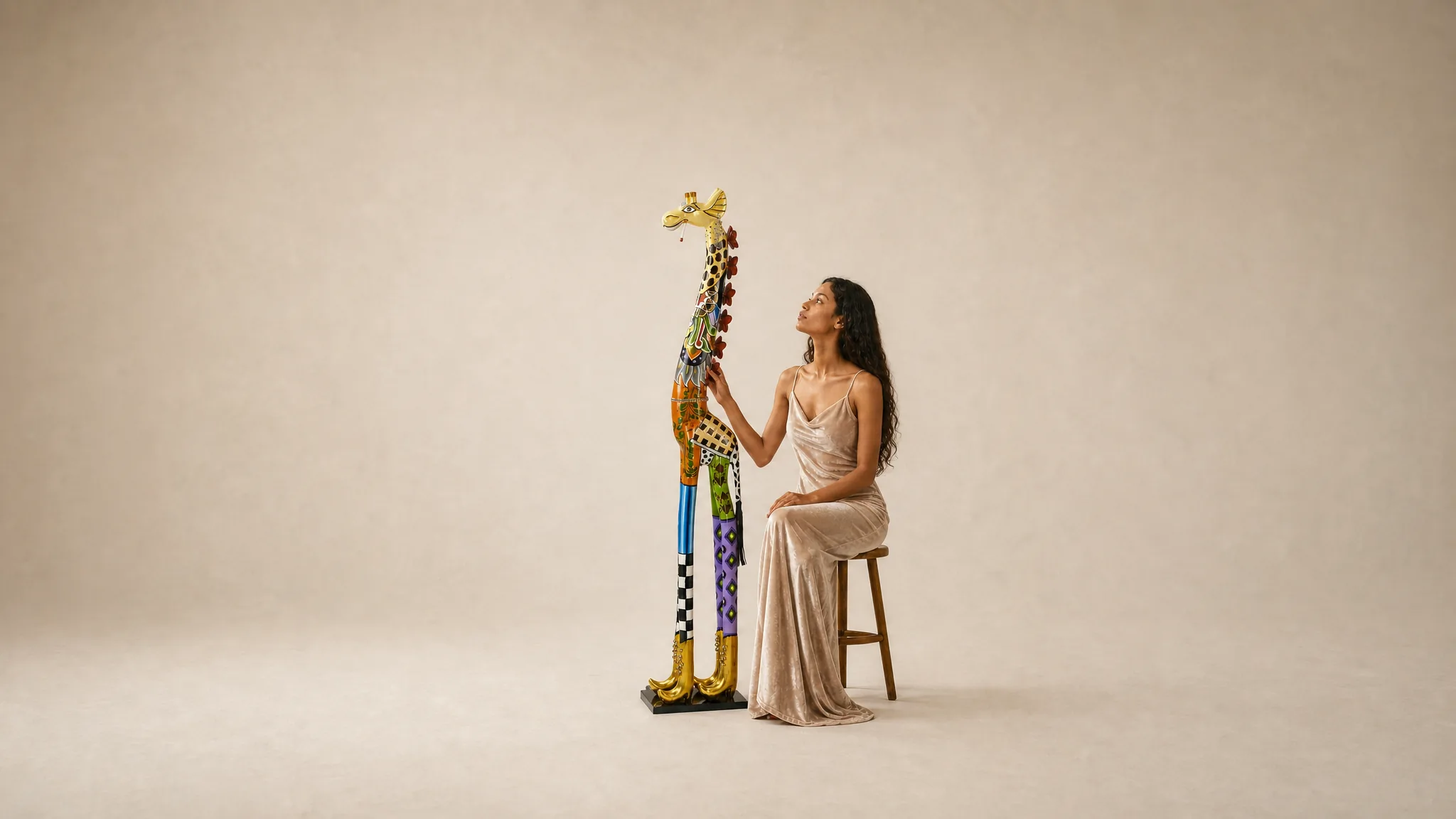 A woman in a champagne velvet dress beside the hand-painted Giraffe Roxanna Deluxe