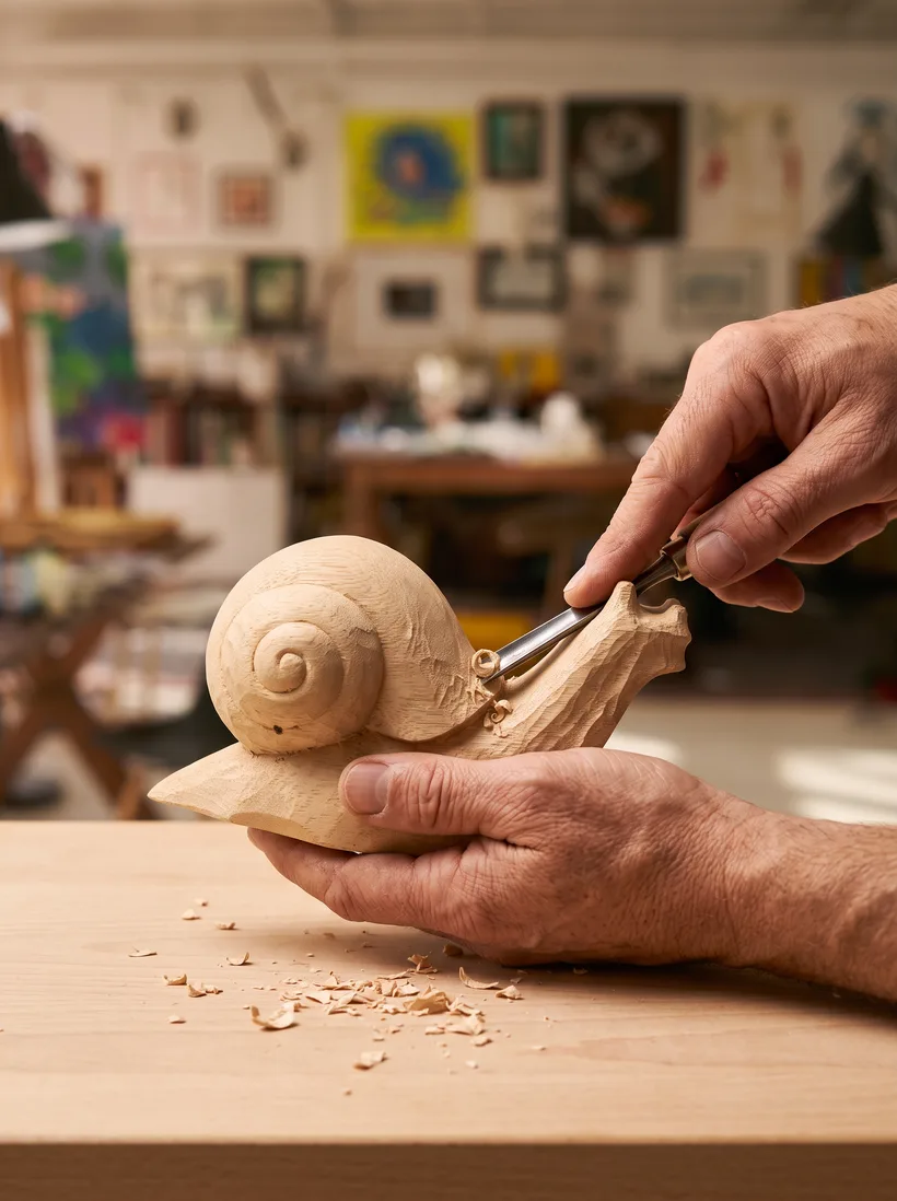 A wooden prototype being carved by hand